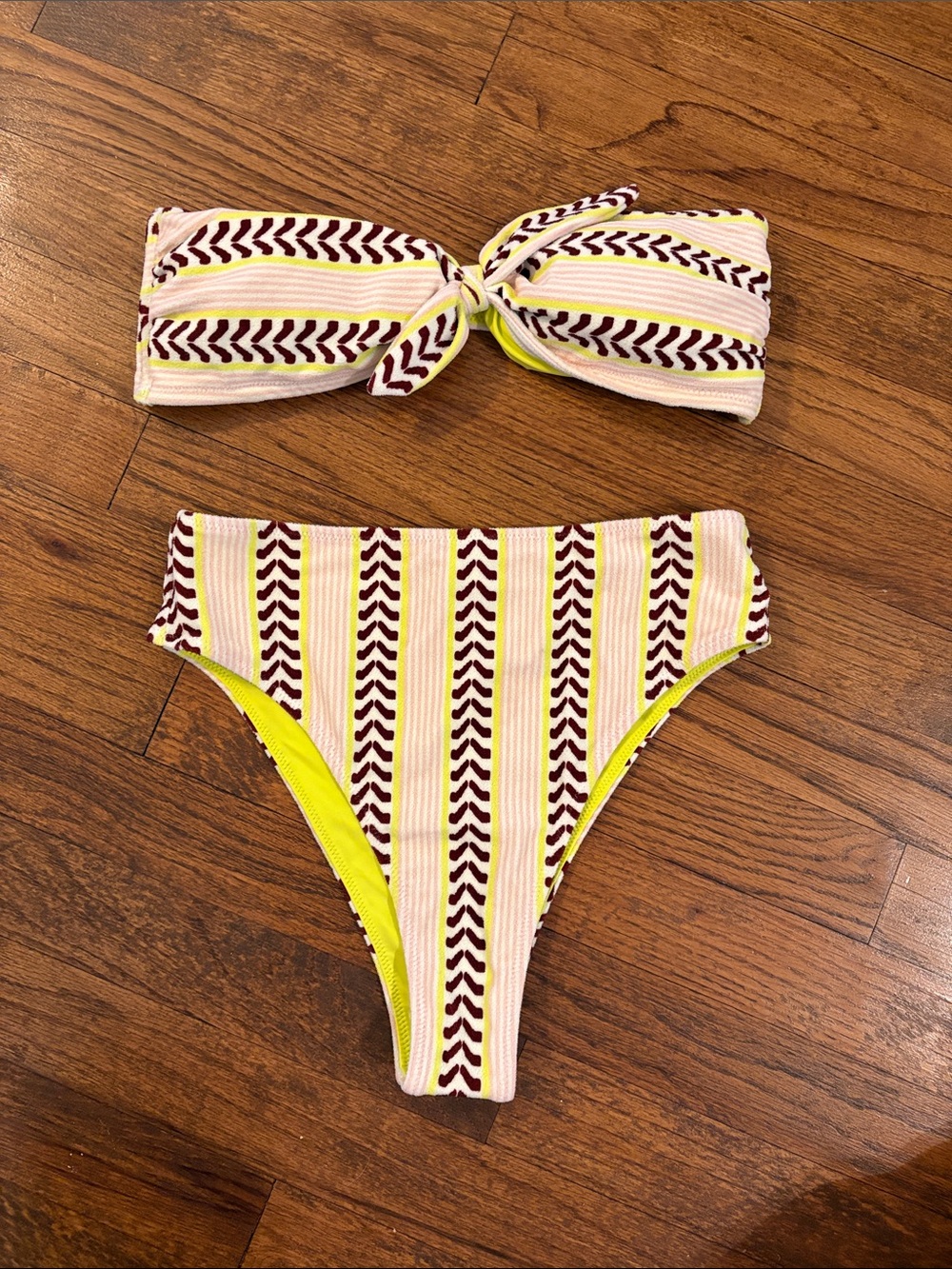 Lemlem Striped Bandeau Bikini Set in Cream, Yellow & Burgundy
